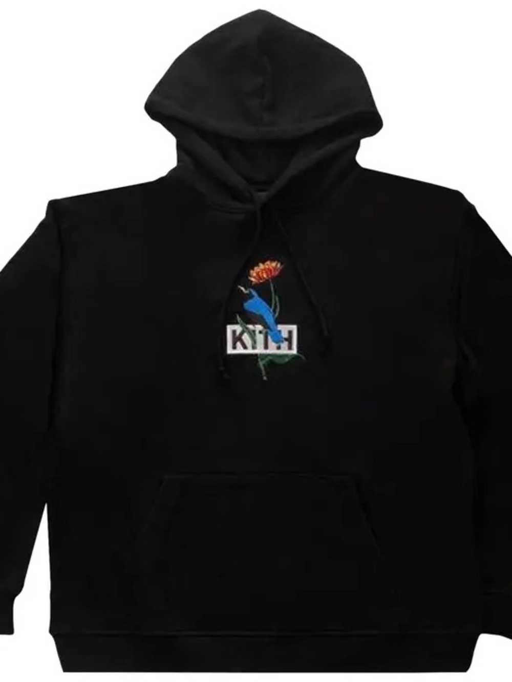 Kith Black Hoodie with Embroidered Blue Bird & Orange Flower